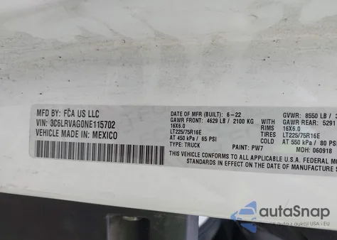 2022 Ram Promaster 1500 Low Roof 136 Wb z USA, uszkodzony, nr VIN 3C6LRVAG0NE115702